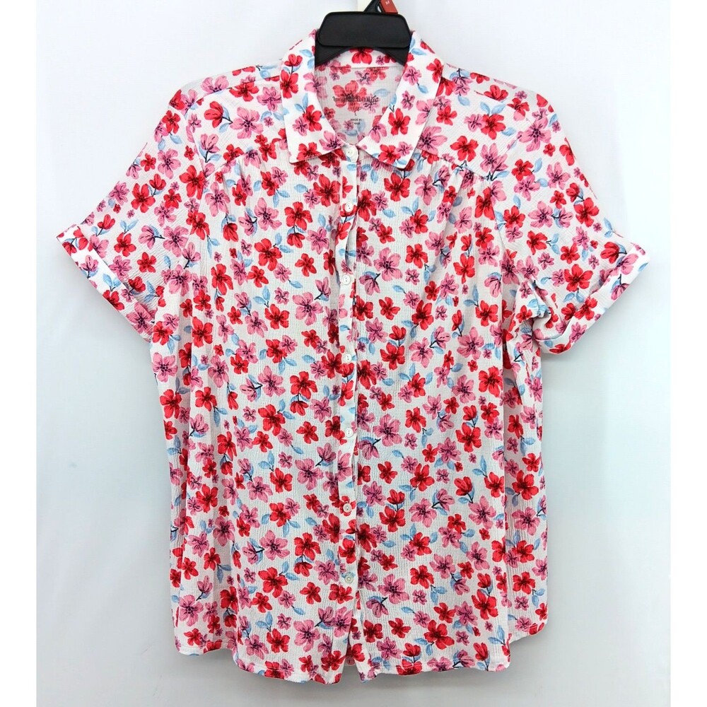 Woman Within Shirt Women Large White Floral Short Sleeve Collared Button Up Top